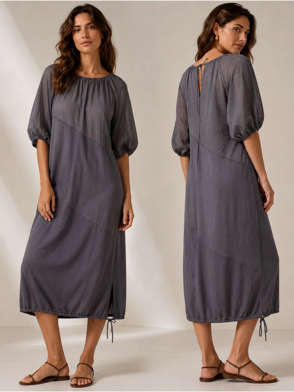 Zara Charcoal Midi Dress with Puff Sleeves